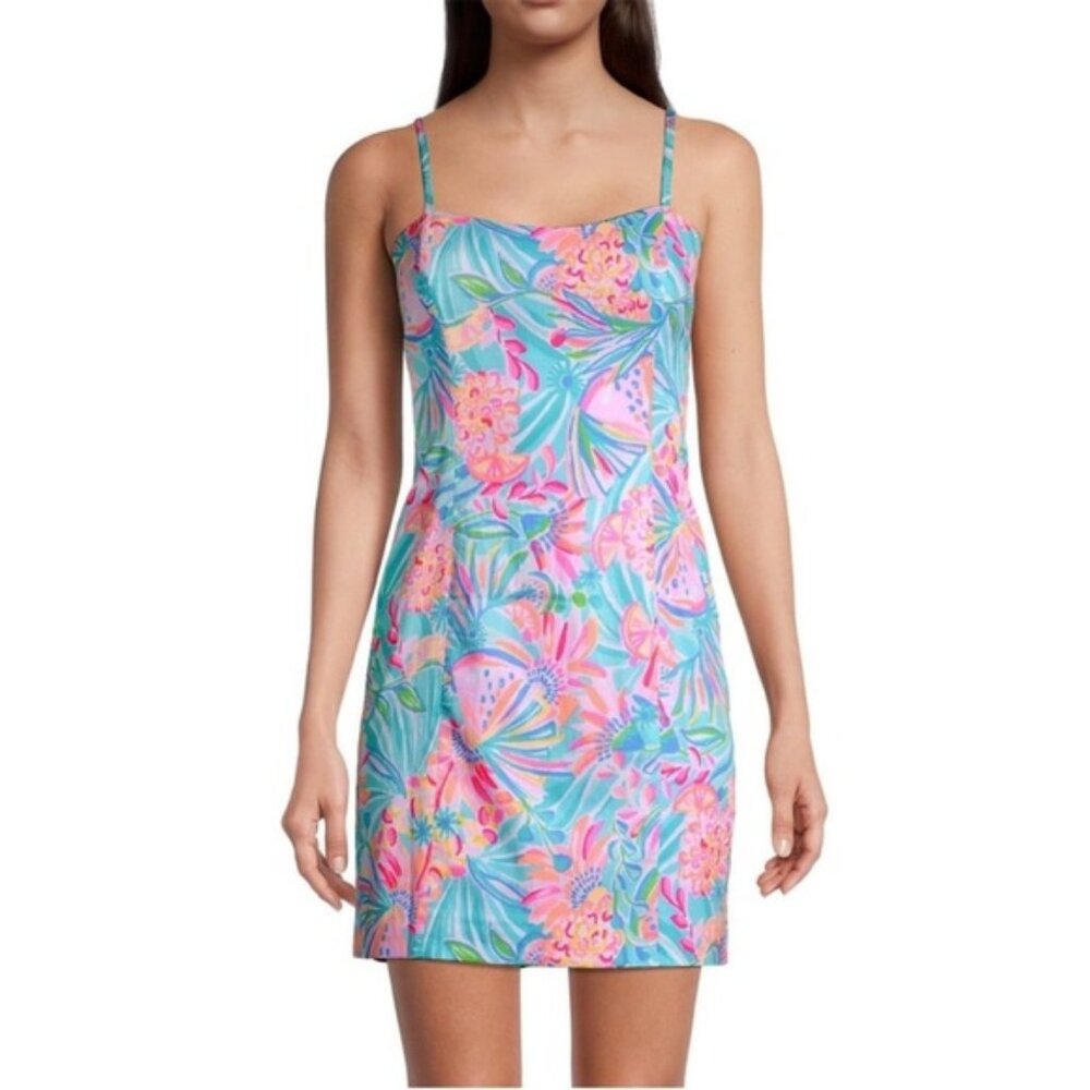 Lilly Pulitzer Shelli Stretch Shift Dress Neon Floral Tropical Punch New Size 8